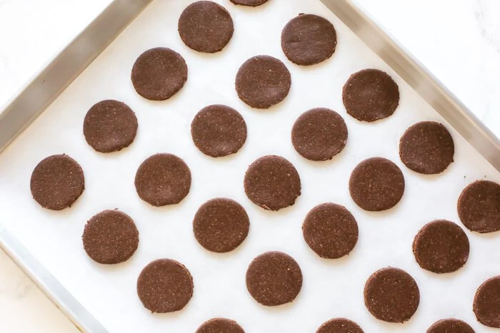 Thin mint cookies on a baking sheet.